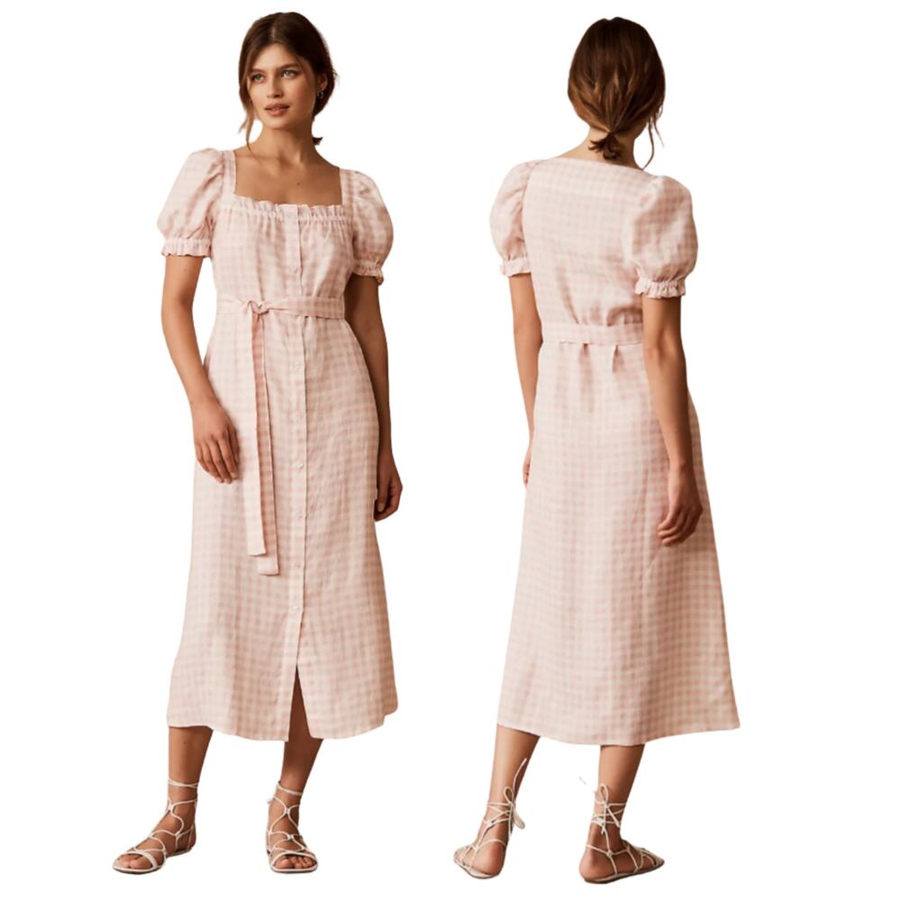 Sleeper Brigitte Midi Dress Linen Milkmaid Cottagecore Romantic Preppy L